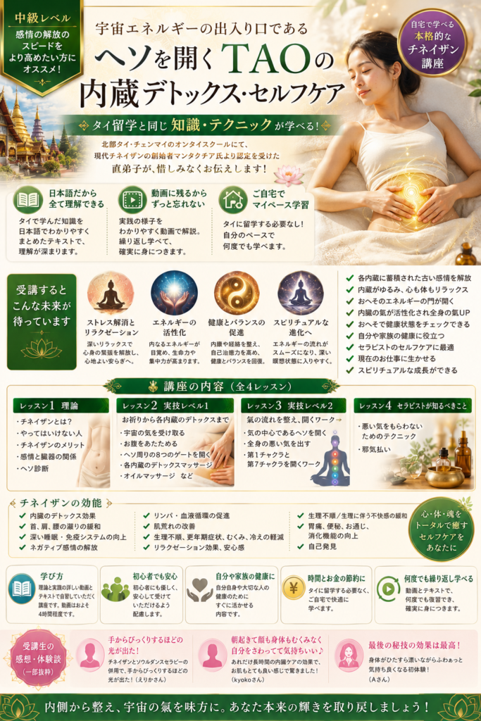 【中級レベル】セルフ・チネイザン通信講座 宇宙の氣を使った内蔵の感情リリース・セルフケア(自習コース)